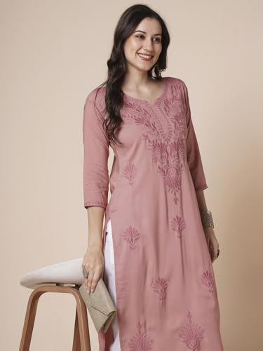 Image of RATAN Rayon Straight Lucknowi Chikankari Ethnic Wear Kurta for Women
