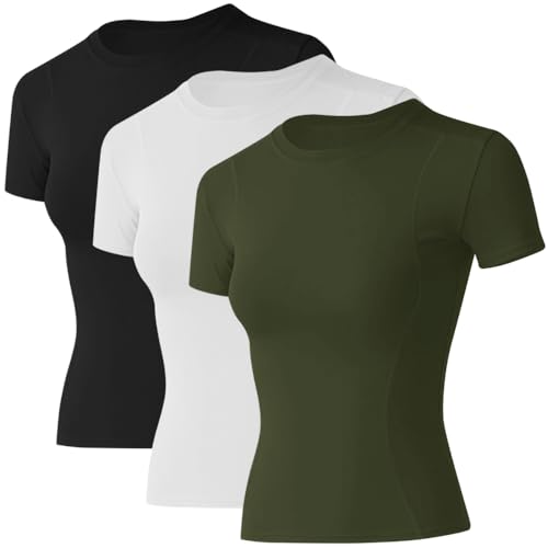 Image of Loovoo Women Workout Shirts, 1 /2 /3 Pack Short Sleeve Compression Tee | Tight Fit Gym Basic Tops, Athletic Quick Dry Crew Neck 4-Way Stretch, Flat Seams Ideal for Yoga, Gym, Running and Daily Wear