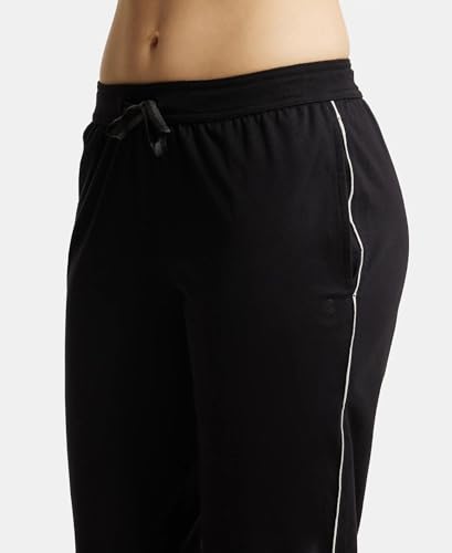 Image of Jockey 1305 Women's Super Combed Cotton Rich Relaxed Fit Mid Rise Trackpants with Contrast Side Piping and Pockets