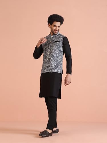 Image of KISAH Men Printed Kurta Jacket Set, Full Sleaves, Knee Length, Straight, Regular Fit, Mandarin Collar Ethnic Wear