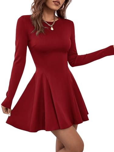 COZYEASE Women's Fall Flare Hem Dress Crewneck Long Sleeve Dresses