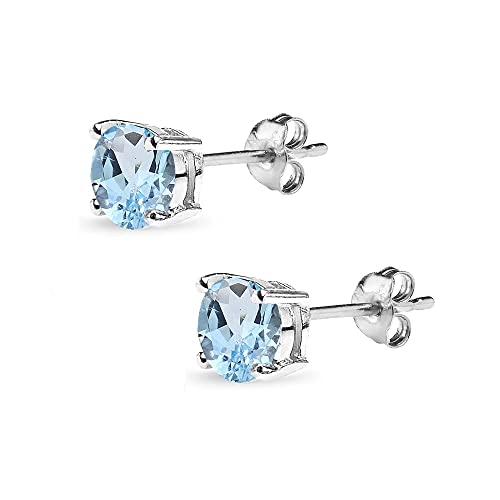 Sterling Silver Blue Topaz 6Mm Round-Cut Solitaire Stud Earrings For Women Girls #TOP3