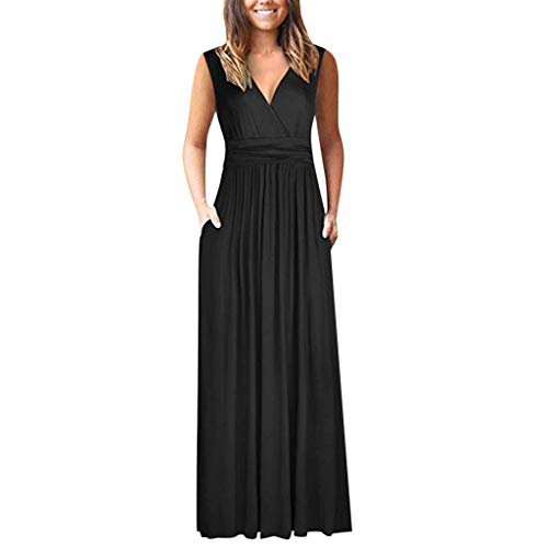 Women's Sleeveless Solid Pocket Maxi Dress Loose Plain V Neck Elastic High Waist