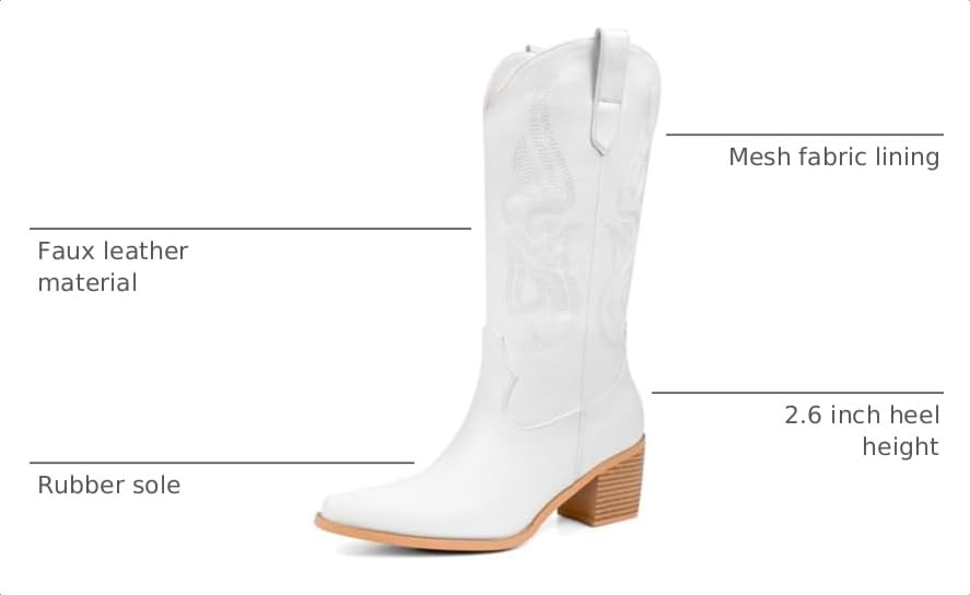 Image of Pasuot Cowboy Boots for Women - Cowgirl Western Mid Calf Boots with Embroidery, Pointed Toe Retro Chunky Heel Slip On Fashion Classic Short Boots Pull On for Ladies Summer Fall