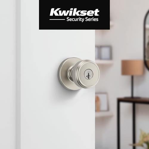 Image of Kwikset Maven Entry Door Knob with Lock and Key, Secure Keyed Handle Exterior, Front Entrance and Bedroom, Satin Nickel, 4 Pack, Pick Resistant SmartKey Rekey Security and Microban