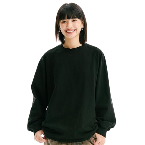 Vintage Washed Oversized Crewneck Long Sleeve Tee Unisex Relaxed Fit Raw-Edge Rib Raglan Sleeve Distressed Cotton Top