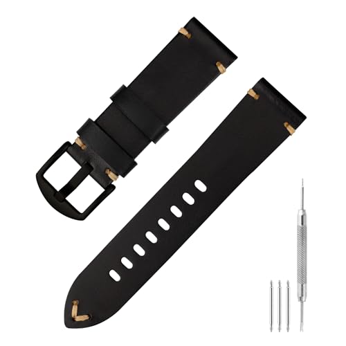 Leather Watch Band 20mm 22mm - Fast Release Old Fashioned Genuine Watch Strap for Men & Women, Top Grain Leather (Black/Black Buckle, 22mm)