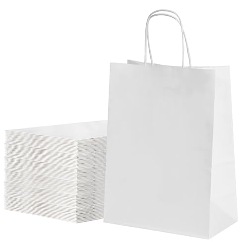 100 Pcs White Kraft Paper Gift Bags with Handles - 5.8*3.2*8.25 Inch Small Bulk Shopping Bags for Grocery, Retail, Birthday Party Favors, Wedding, Baby Shower, Christmas, Holidays & Events