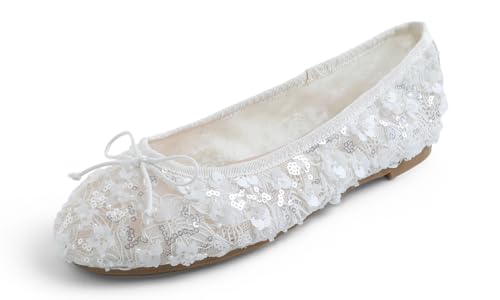 Image of FEVERSOLE Round Toe Lace Ballet Crochet Flats Women's Comfy Breathable Shoes