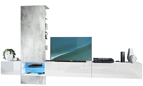 Vladon Combinaison Murale Manhattan V3, Corps en Blanc Mat/Façades en Blanc Haute Brillance, Panneau en Aspect Béton Oxyde, avec l'éclairage LED