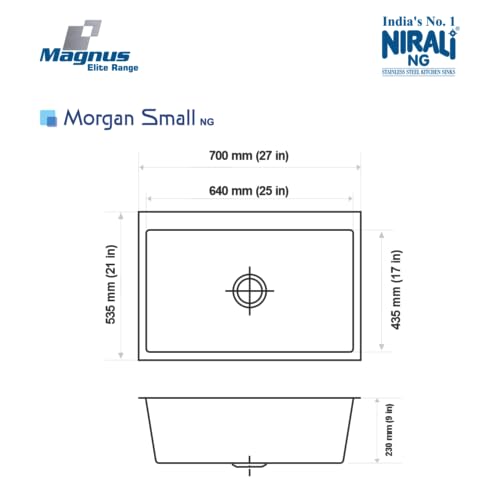 Image of Nirali Kitchen Sink Square 27 inchx21 inchx9 inch Morgan | 304 Grade Stainless Steel | Handmade Single Bowl Sink with Waste Coupling | 25 Yrs Warranty on Product by Brand (Morgan 27x21)