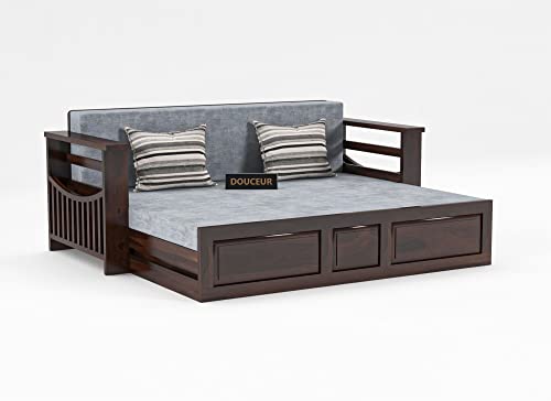 Image of Douceur Furnitures Solid Sheesham Wooden Sofa Cum Bed Queen Size with Storage for Living Room | Wooden Foldable 3 Seater Sofa Cum Bed with Headboard Folding Double Bed for Home Bedroom (Walnut)