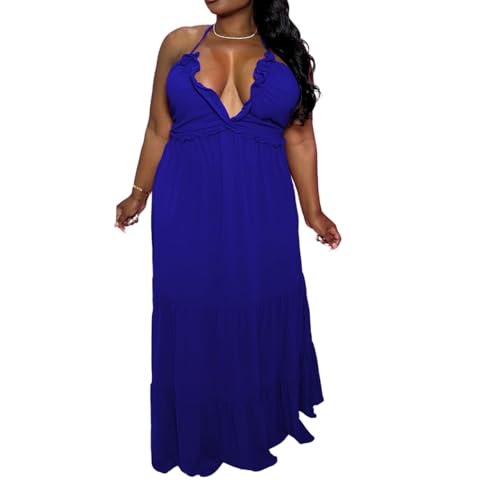 Image of TOPSRANI Womens Sleeveless Maxi Dress Halter Casual Backless Smocked Tiered Ruffle Flowy Sexy Slip Sling Strap Dresses