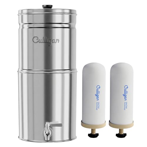 Image of Culligan MaxClear 2.25 Gallon Gravity Water Filter System, Polished Stainless-Steel Countertop Water Filter NSF /ANSI Certified to Reduce Microplastics, Lead & Total PFAS, with 2 Ceramic Filter
