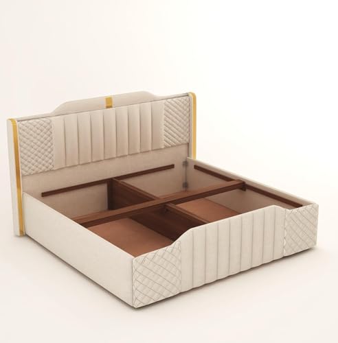 Image of Modern Upholstered King Size Bed with Storage | Double Bed with Box Storage & Upholstery Premium Fabric Headboard | Platform Bed for Bedroom & Hotel | Sheesham Wood, White, 6.5 x 6 Ft
