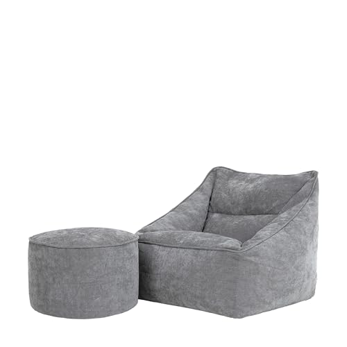 Icon Natalia Sitzsack Sessel mit Hocker für Erwachsene, Grau, Flauschiger Chenille-Stoff, Riesen Sitzsack mit Füllung, Bean Bag Chair, Bequemer Sessel Wohnzimmer, Lounge, Schlafzimmer, Büro