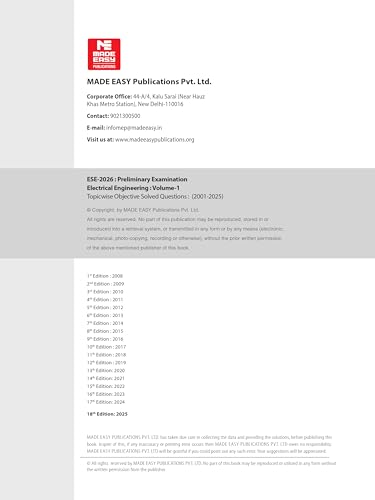 Image of ESE 2026 : Preliminary Exam: Electrical Engineering Volume-I | Chapterwise & Topicwise Objective Solved Papers | 25 Years Solved PYQs 2001-2025| UPSC Engineering Services Examination | Fully Solved | By Made Easy