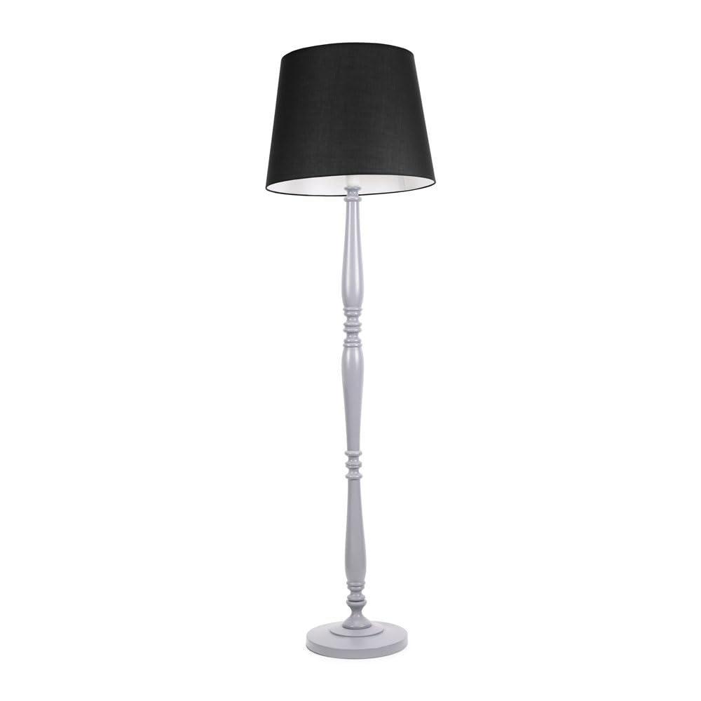 Valuelights Black Victoria Grey Wood Traditional Floor Lamp With Fabric Tapered Shade & Led Bulb In