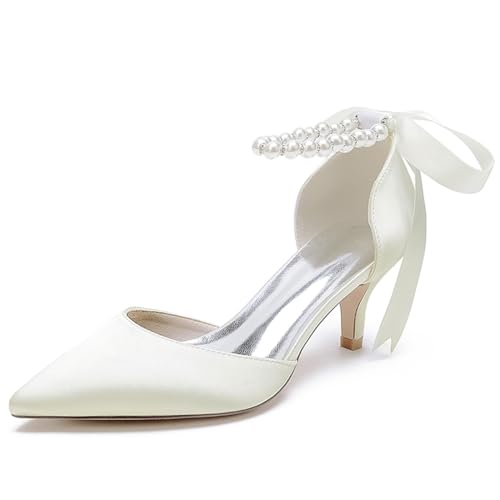 Women's Pointed Toe Kitten Heels Satin Bridal Pumps Ankle Strap Pearls Stilettos Wedding Prom Party Dress Shoes