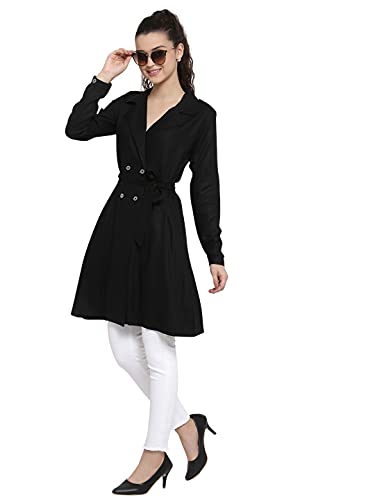 Image of Style Quotient Women Black Solid Double-Breasted Trench Coat