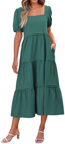 KIRUNDO Women Summer Dresses 2025 Spring Fashion Boho Puff Sleeve Square Neck Pocketed Loose Fit Tiered Flowy Maxi Dress