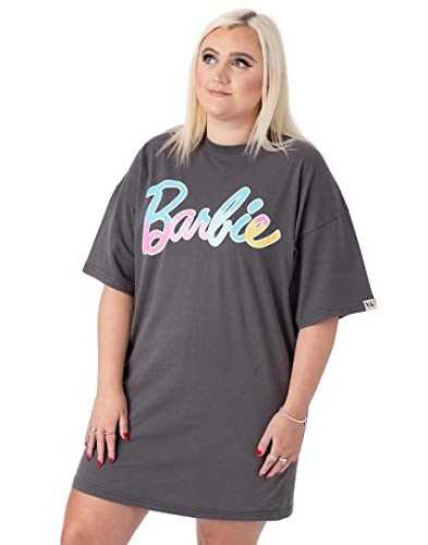 Barbie Oversized T-Shirt Kleid Damen Damen | Erwachsene Pastell Regenbogen Logo Kurzarm Outfit | Anthrazitgraue Geschenke