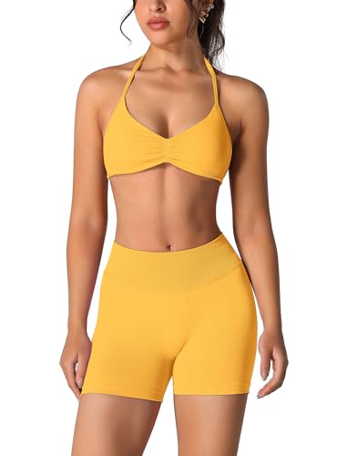 Image of ABOCIW Womens Seamless Workout Sets 2 Piece Strappy Halter Sports Bra Scrunch Butt Shorts Gym Yoga Outfits