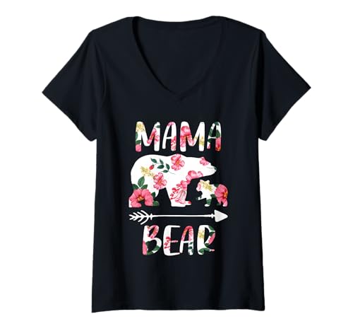 Femme Tenues familiales Assorties Florales, drôle Mama Bear One Cub T-Shirt avec Col en V