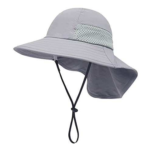 Kids Sun Visor Hat Cap Fisherman Hat with Neck Flap Wide Brim UPF 50+ Travel Beach Fishing Hats for Boys Girls Grey