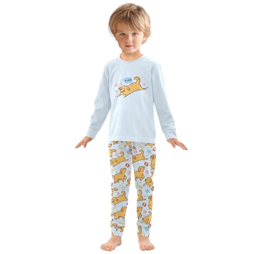 Golden Retriever Cute Blue Cute Pajama Sets Long Sleeve Top and Pants, Snug Fit Sleepwear for Night Wears3