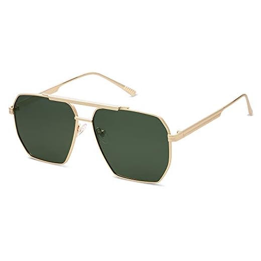 SOJOS Retro Oversized Square Polarized Sunglasses for Women Men Vintage Shades UV400 Classic Large Metal Sun Glasses SJ1161 with Gold/Green Lens