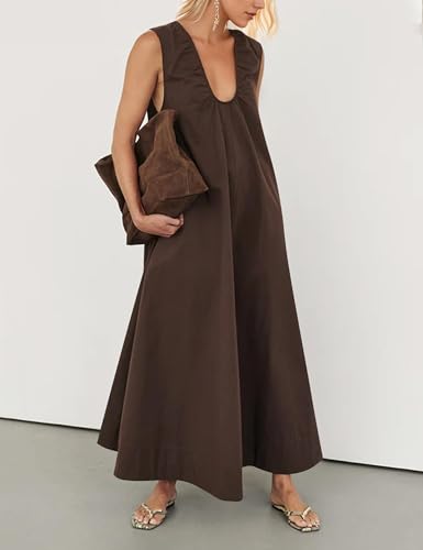 Women Flowy Maxi Dress Ruched Sleeveless Long Dress Vacation Fashion Summer Casual Loose Fit Sundress with Pockets3