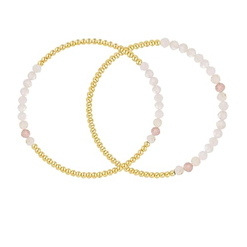 Kainier Gold Beaded Bracelets for Women 2Pairs 14K Gold Plated Stretch Bracelet Set Stackable Tarnish Dainty Natural Stone Bead Bracelets Gift Amazonite