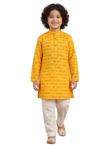 Image of AJ DEZINES Boys Cotton Full Sleeve Letter Printed Kurta Pajama Set for Kids - Ethnic wear | Special Occasion & Traditional Outfit |Boys Kurta Set - Regular Fit