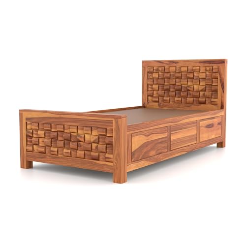 Image of Sheesham Wood Single Size Bed with Storage Box | Wooden Cot for Bedroom | Premium Niwar Design Headboard Bed for Living Room | Honey Finish