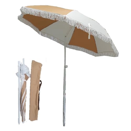 OPOLDBDMAC Portátil Sombrilla Parasol De Jardín 1.8m Boho Sombrilla De Playa Inclinación Sombrilla con Borlas Redonda para Piscina, Playa, Terraza, Césped