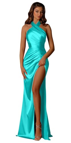 Image of OFEECHUN Halter Satin Bridesmaid Dresses for Women Mermaid Prom Dress Long Evening Formal Gowns