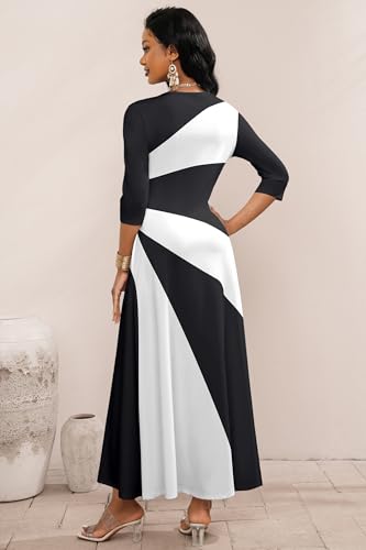 Runwind Maxi Dress for Women with Ruched Waist - Semi-Formal 3/4 Sleeve Crew Neck Long Dresses for Wedding Guest & Church2