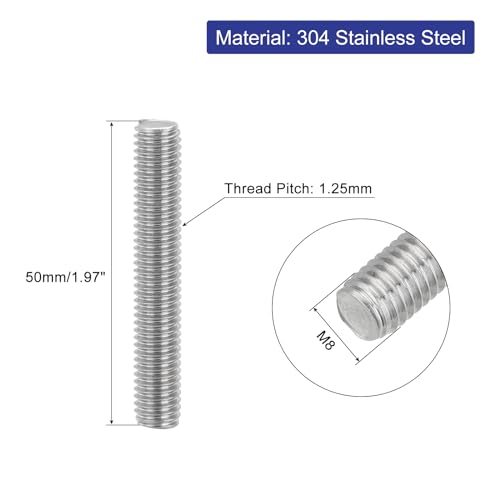 QUARKZMAN 4 Stück Gewindestangen, M8 x 50mm, 304 Edelstahl, Gewindestab mit metrischem Vollgewinde, M8-1.25 Gewindestift für Möbel- und Maschinenmontage