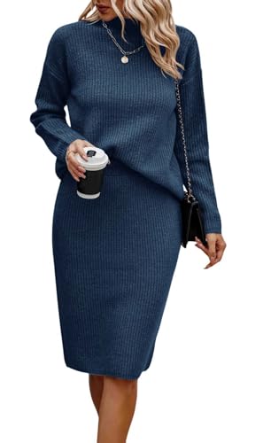 Image of Women 2 Piece Knit Sweater Skirt Set Midi Sweater Dress Long Sleeve Pullover Bodycon Knitted Skirt Set Outfit