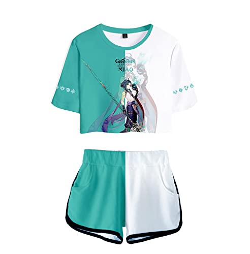 NooobTerrm 3D Kurzarm Genshin Impact 2-teilige Crop Tops und Shorts Sets für Damen Casual Bluse T-Shirts(Xiao,M) Cover