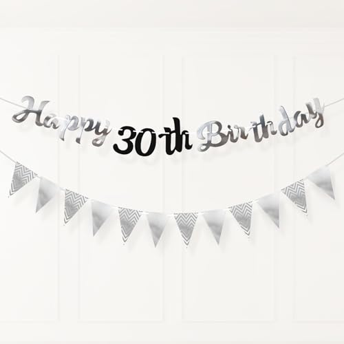 PartyYaa 30th Birthday Banner Decorations, 30th Birthday Garland & Triangle Flag, Black Silver Party Decoration for Men Women