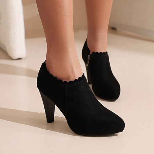 Alyaafifa High Heel Booties Pumps for Women Vintage Chunky Heel Ankle Boots with Zipper Closed Round Toe Comfortable Suede Leather Dress Shoes Office Party Event Prom2
