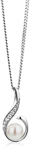 MIORE 925 Sterling Silver Freshwater Pearl and Zirconia Pendant on 45cm Curb Chain for Women