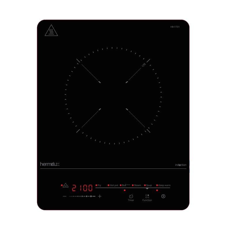 Hermitlux Placa de inducción 1 placa, 6 programas de cocción, 9 niveles de potencia, temporizador y función de mantenimiento del calor, placa de inducción portátil de 2000 W, tamaño compacto para