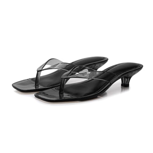 Image of Flip Flops Women's Sandals with Transparent Strap Open Toe Fashionable Mules with Kitten Heel Toe Post Sandals for Slip-On Fashionable Comfortable Lightweight Summer Beach, black, 6 UK