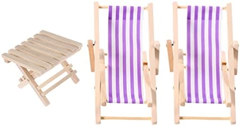 NUOBESTY Mini Beach Chair, Wooden Longue Deck Chair Set Miniature Foldable Chair Model Dollhouse Furniture Accessories Garden Decor for Kids