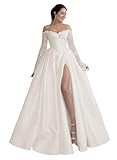 Off Shoulder Satin Ivory Prom Dresses Lace Wedding Dresses for Bride Long Sleeve Ball Gowns with Split FP48-16W