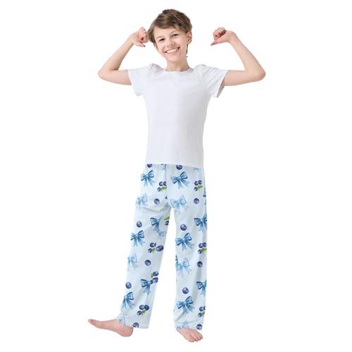 Blueberry with Blue Bows Pajama Pants Lounge Sleep Pants Elastic Waist Long Pajama Bottoms with Pockets for 6-14 Years3