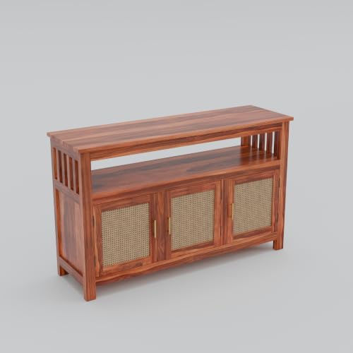 Image of Solid Sheesham Wood Sideboard for Living Room with Cane Doors | 3-Door Storage Unit with Open Shelf | Buffet Cabinet for Dining Room, Entryway & Hallway | Honey Finish | 140 x 40 x 82 cm